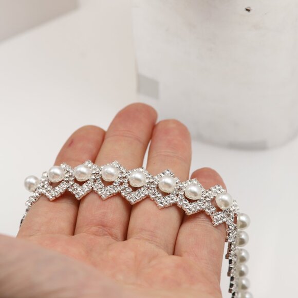 Sparkly Fancy White Stone & Pearl Choker Necklace Adjustable White Rhinestone Ch - Picture 11 of 11